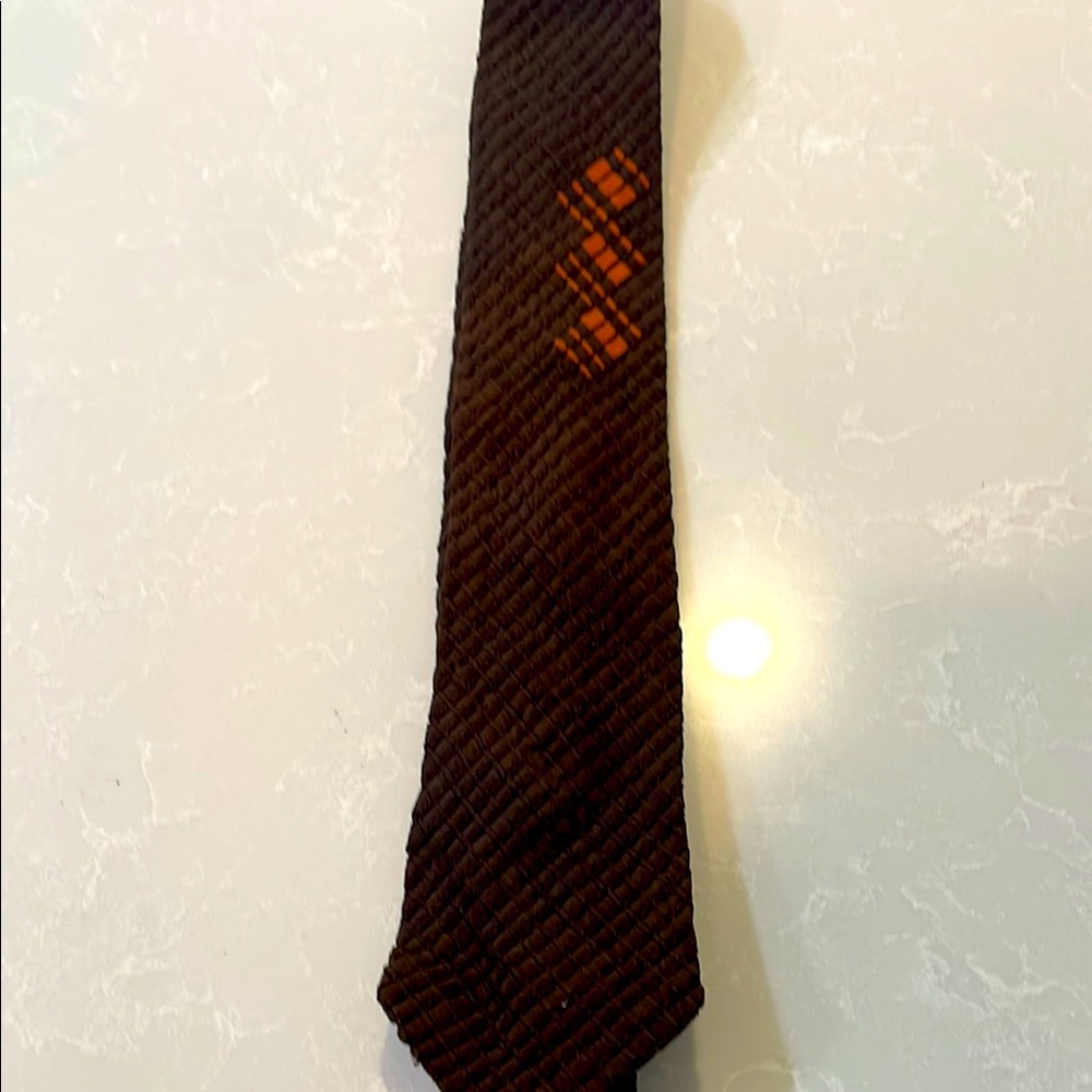 1960s Skinny Brown Silk Tie with Orange Accents